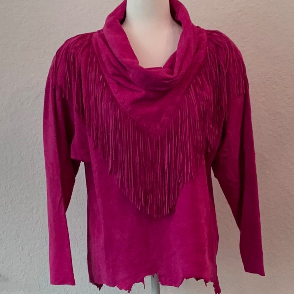 Bright Pink Lamb Suede Cowl Neck Top